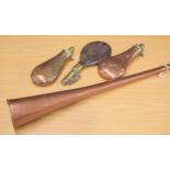 'Boosey 1839 London' brass and copper coaching horn, 39.5" long; together with three shot flasks