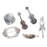 Two silver (925) brooches in the form of a violoncello and double bass; together with four silver (