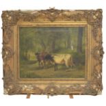 Circle of Constant Troyon (19th century) - cattle on a woodland path with a figure in partial