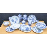 Selection of Chinese blue and white export porcelain including bowls, two jars with cover,