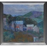June Miles (1924-2021), - a rural scene with a farmstead in the middle distance, hills and the sea