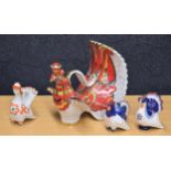 Russian Lomonosov porcelain oil drizzler modelled as a Cockerel; together with a pair of Lomonosov