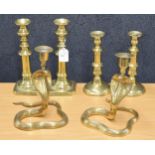 Two pairs of Victorian brass candlesticks, tallest 10" high; also a decorative pair of heavy brass