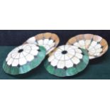 Two pairs of decorative Tiffany style glass ceiling light shades, two brown and two green, 14.5"