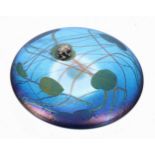 John Ditchfield Glassform iridescent paperweight, of flat disc form modelled with a silver cast frog