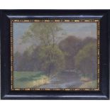 P* Scholz - rural scene with a river by a field, tall trees on the riverbanks and in the distance,
