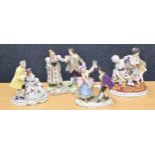 Group of four German porcelain figural groups including by Volkstedt, two Sitzendorf groups and also