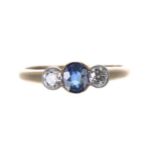 18ct sapphire and diamond three stone ring, width 5.5mm, 2.3gm, ring size M/N