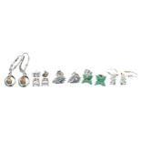 Five pairs of modern silver gem set earrings