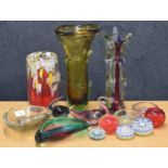 Selection of glass paperweights to include millefiori examples; together with a selection of art