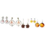 Pair modern silver gilt gem set earrings in the form of an apple; together with four pairs modern