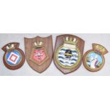 Two Naval polychrome decorated metal emblem plaques mounted upon wooden shields, 'Walkerton' and '