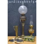 Brass Corinthian column oil lamp with engraved globe shade, marked Brevete L & B 1883, 31.5" high