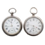 Two silver cylinder pocket watches, unsigned three quarter plate movements, hinged cuvettes signed