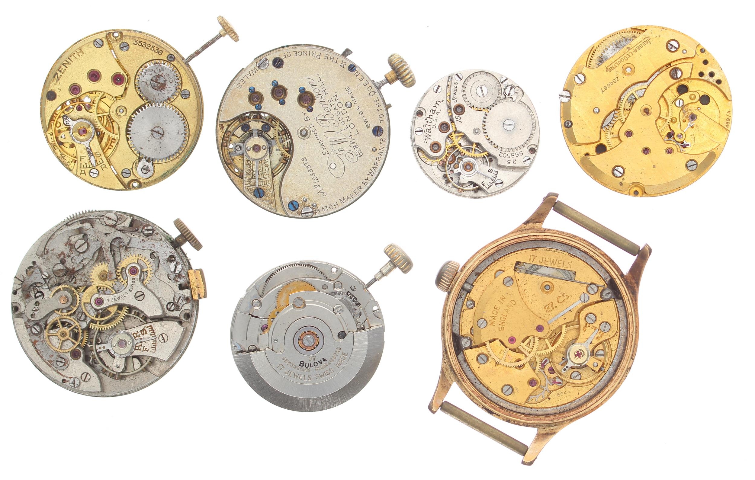 Seven wristwatch movements to include J.W. Benson; Jaeger-LeCoultre; Bulova automatic; Zenith;