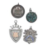 Two silver medallion fobs; together with a silver mounted fob and a white metal fob (4)