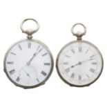 Silver cylinder engraved fob watch in need of repair, 41mm; together with a small white metal