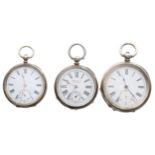 Three silver cylinder engine turned pocket watches, 54mm, 48mm, 47mm (3)