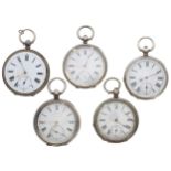 Five silver cylinder engine turned pocket watches for repair