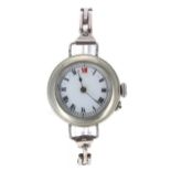 Swiss nickel cased wire-lug wristwatch, enamel dial with Roman numerals, red twelve and minute