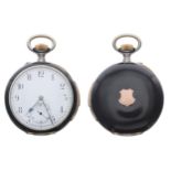 Continental silver (0.935) and black enamel quarter repeating lever pocket watch, gilt frosted