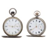 Silver (0.935) lever set hunter engine turned pocket watch, unsigned movement, Roman numeral dial