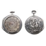 Good English 18th century silver repousse verge pair cased pocket watch, the fusee movement signed