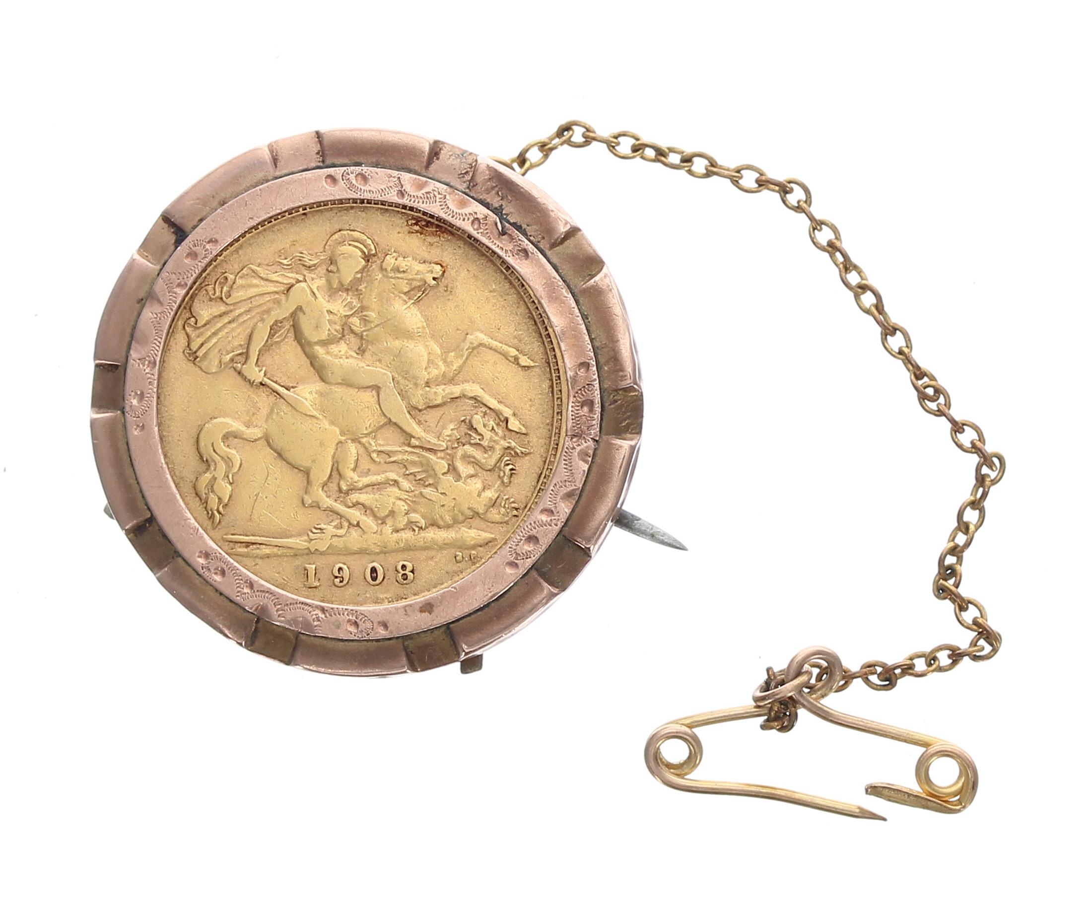 Edward VII 1908 half sovereign coin in a 9ct brooch mount, with safety chain, 6.3gm, 25mm dimeter