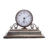 George V small silver desk clock timepiece, the case with hallmarks for William Vale & Sons,