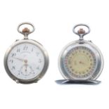 Interesting Continental silver (0.935) calendar pocket watch, the enamel dial signed Globo and