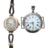 9ct ladies wristwatch for repair, import hallmarks London 1924, silvered dial, hinged case, brown