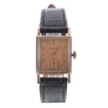 Longines 10k rose gold filled mid-size square cased gentleman's wristwatch, serial no. 5907xxx,