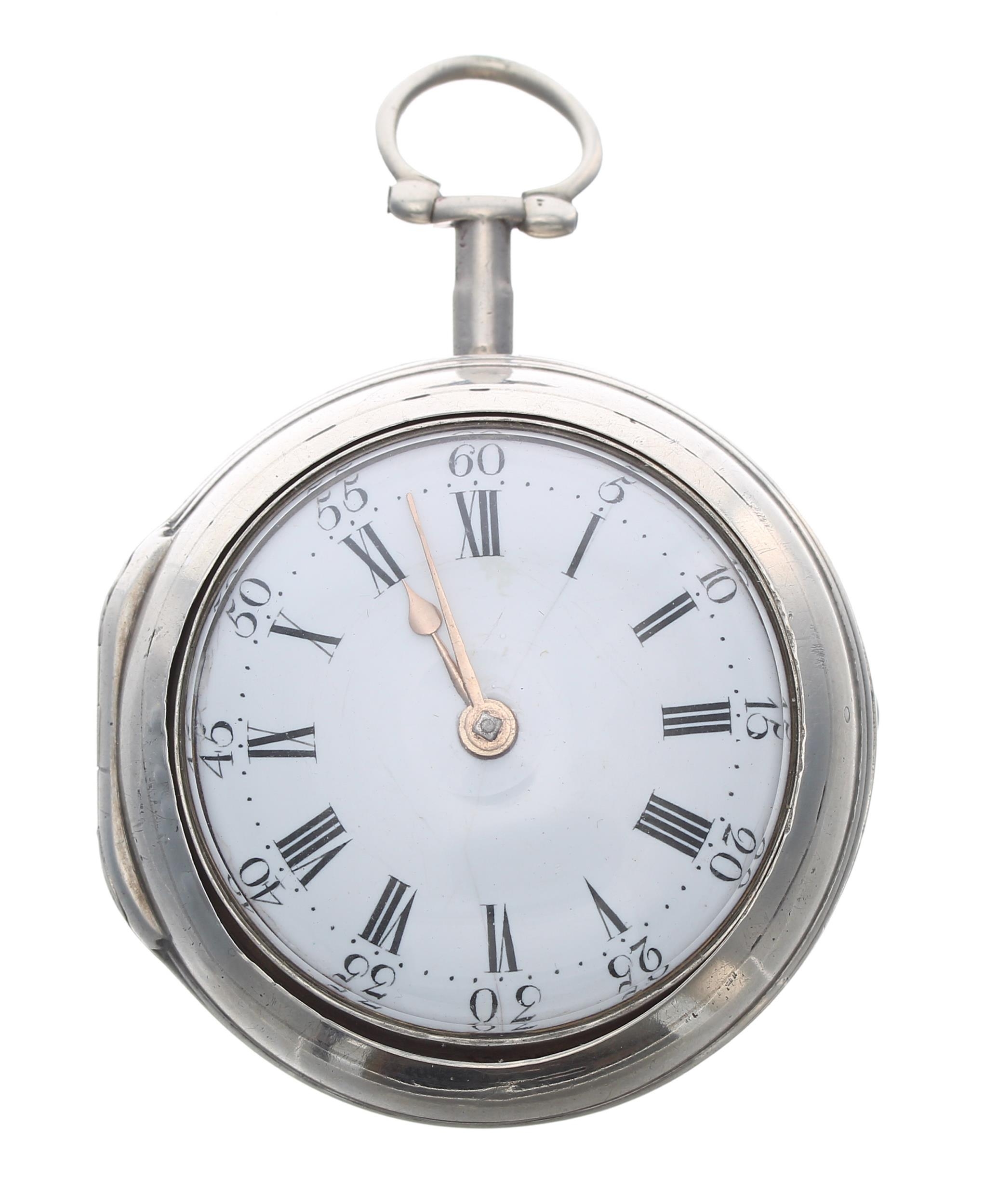 George III English silver pair cased verge pocket watch, London 1765, the fusee movement signed Thos