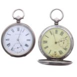 Silver cylinder hunter pocket watch, 52mm; together with a silver cylinder engine turned pocket