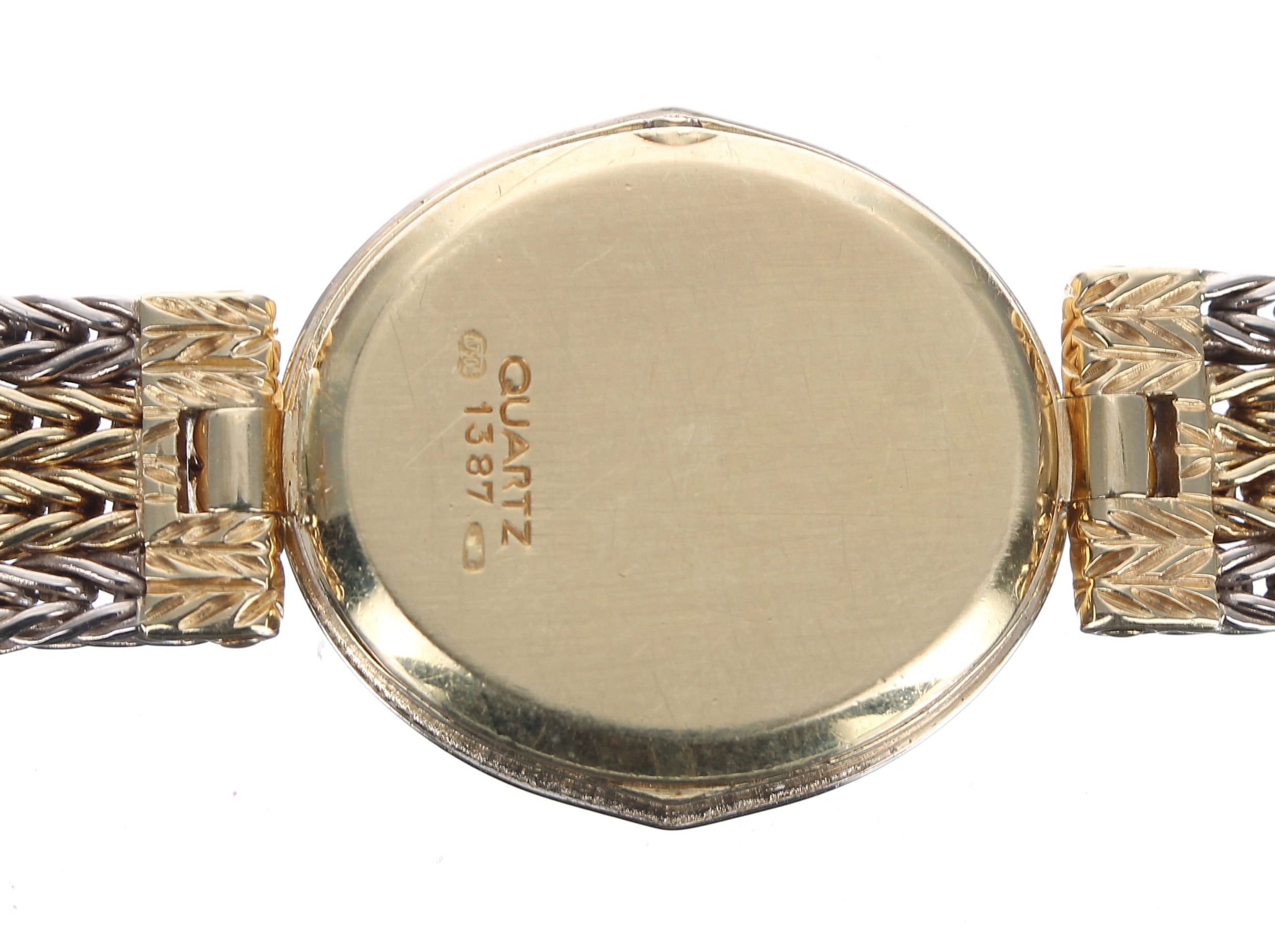 Omega 18ct bi-colour oval lady's wristwatch, reference no. 1387, oval champagne striped dial with - Image 2 of 2