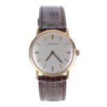 Longines 10k gold filled mid-size gentleman's wristwatch, circular silvered dial with gilt applied