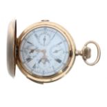 Fine Swiss 14ct quarter repeating chronograph calendar pocket watch with moon phase, lever set