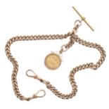 Good 9ct watch Albert chain with an Edward VII 1910 half sovereign coin fob attachment, with