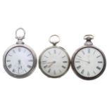 Silver fusee lever pair cased pocket watch for repair, the movement signed Clarke, Oundle. no. 5217,