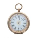 Attractive 14k cylinder fob watch, gilt frosted bar movement with gilt three arm balance and