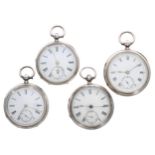 Four silver lever engine turned pocket watches for repair/attention, 53mm - 50mm