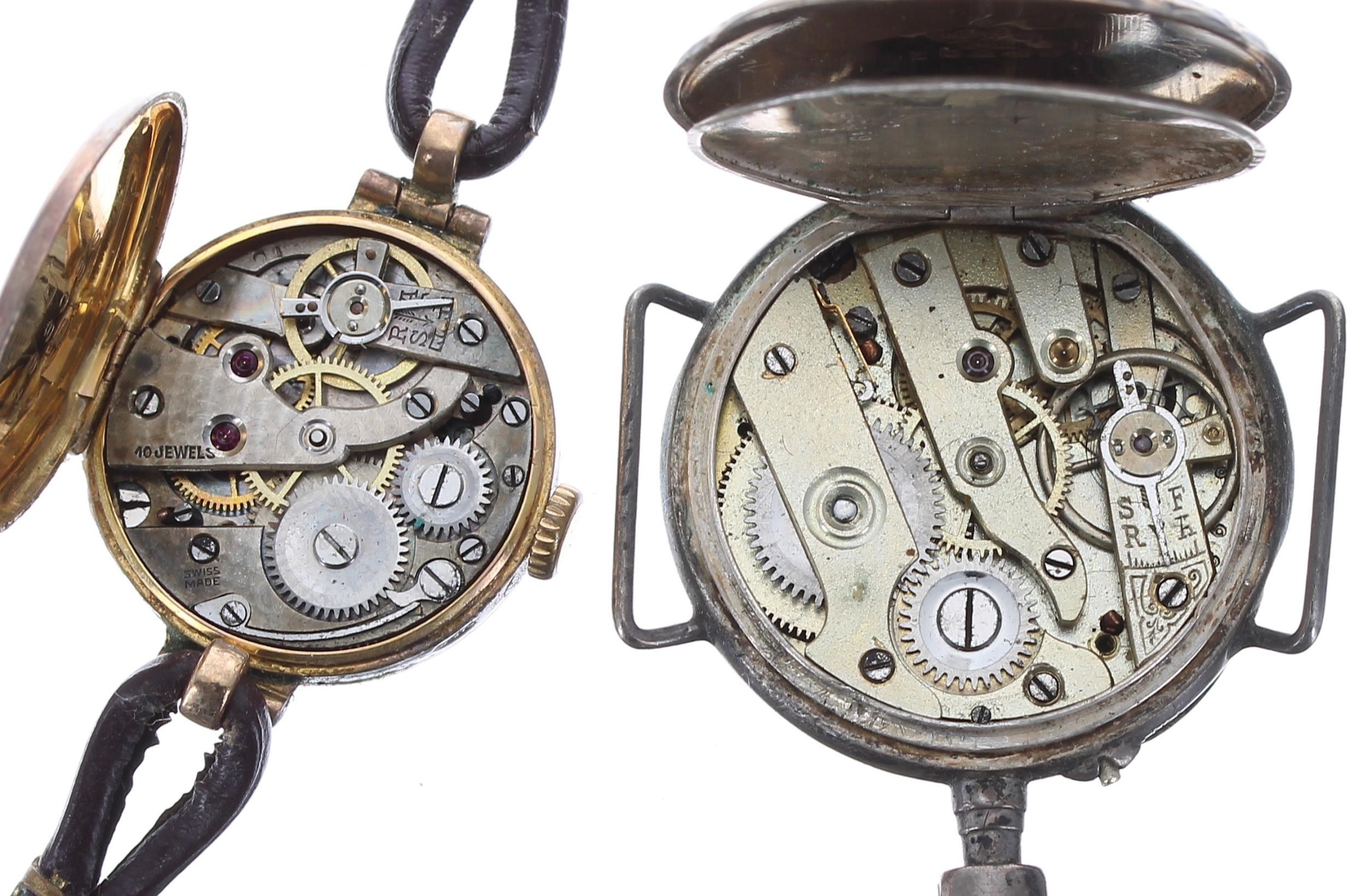 9ct ladies wristwatch for repair, import hallmarks London 1924, silvered dial, hinged case, brown - Image 4 of 5