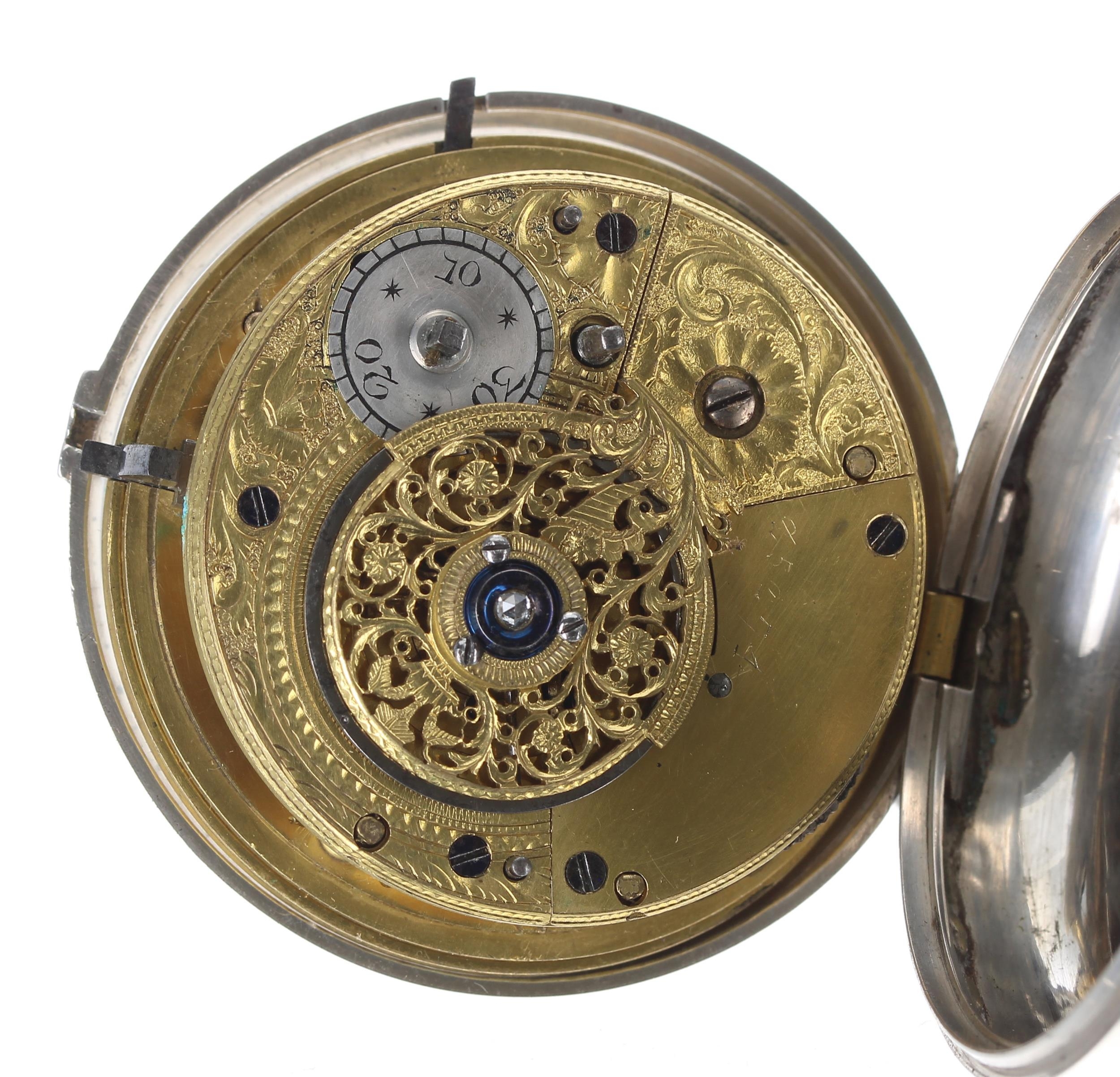 George III silver verge calendar doctors pair cased watch, London 1808, unsigned fusee movement, no. - Image 5 of 5