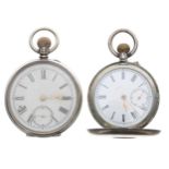 Silver (0.800) cylinder half hunter engine turned pocket watch, 46mm; together with a silver (0.800)