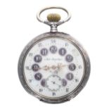Large Continental silver (0.800) lever pocket watch, the foliate dial inscribed 'Anti-Magnetique'