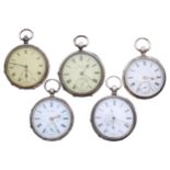 Five silver lever engine turned pocket watches for attention/repair