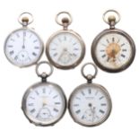 Five silver (0.935 and 0.800) cylinder pocket watches for repair