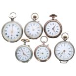 Five silver cylinder fob watches for repair; together with a white metal cylinder fob watch for