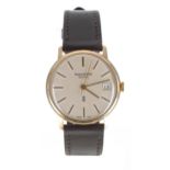 Mappin & Webb Quartz 9ct gentleman's wristwatch, silvered dial with applied gilt baton markers, date