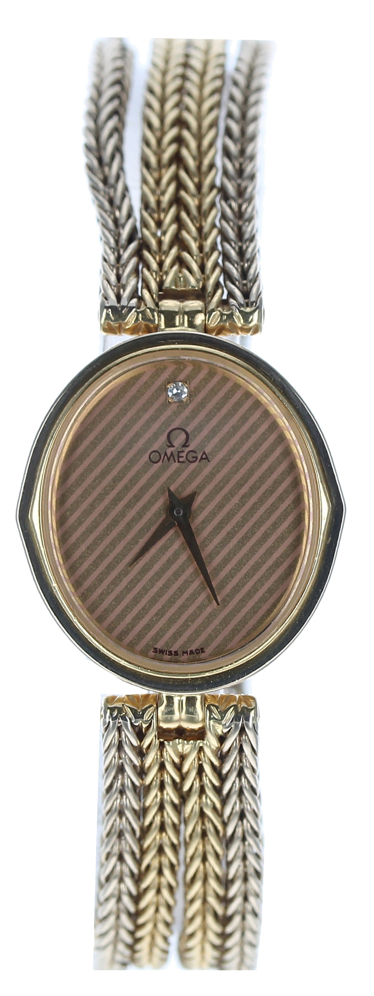 Omega 18ct bi-colour oval lady's wristwatch, reference no. 1387, oval champagne striped dial with